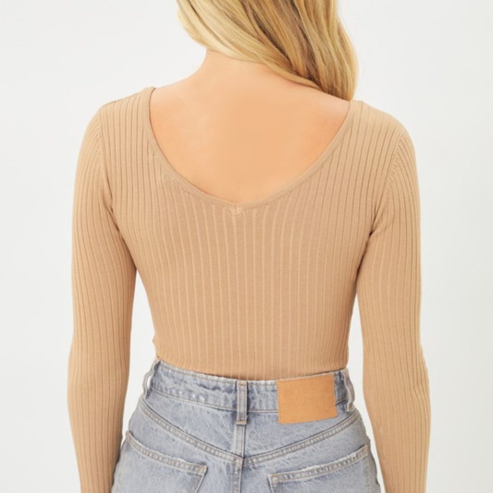 V-Neck Long Sleeve Body Suit, Taupe  NWT - Picture 2 of 5